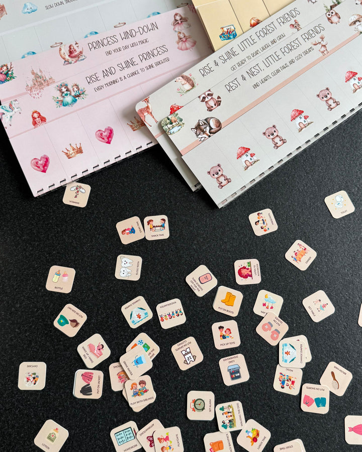 Kids’ morning and evening routine chart with visual task icons and Velcro dots for interactive use.