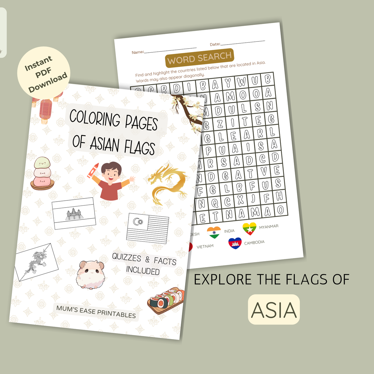 ASIA Flags Coloring Book – Printable PDF for Kids | Letter & A4 | Digital Download