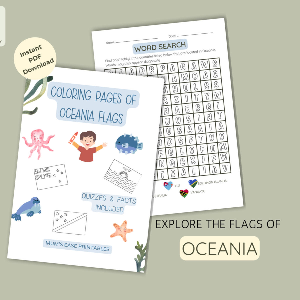OCEANIA Flags Coloring Book – Printable PDF for Kids | Letter & A4 | Digital Download