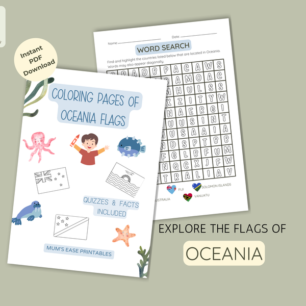 OCEANIA Flags Coloring Book – Printable PDF for Kids | Letter & A4 | Digital Download