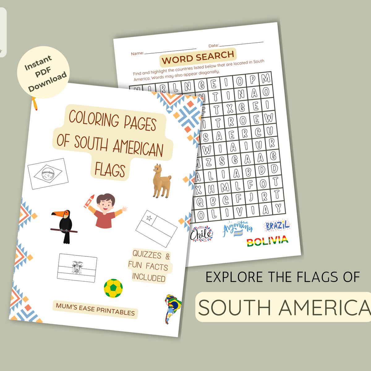 SOUTH AMERICA Flags Coloring Book – Printable PDF for Kids | Letter & A4 | Digital Download