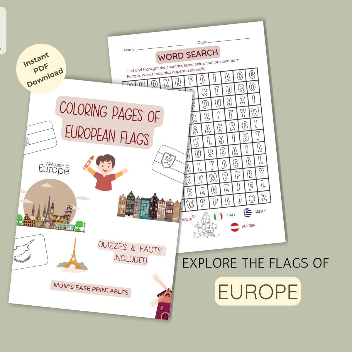 EUROPE Flags Coloring Book – Printable PDF for Kids | Letter & A4 | Digital Download
