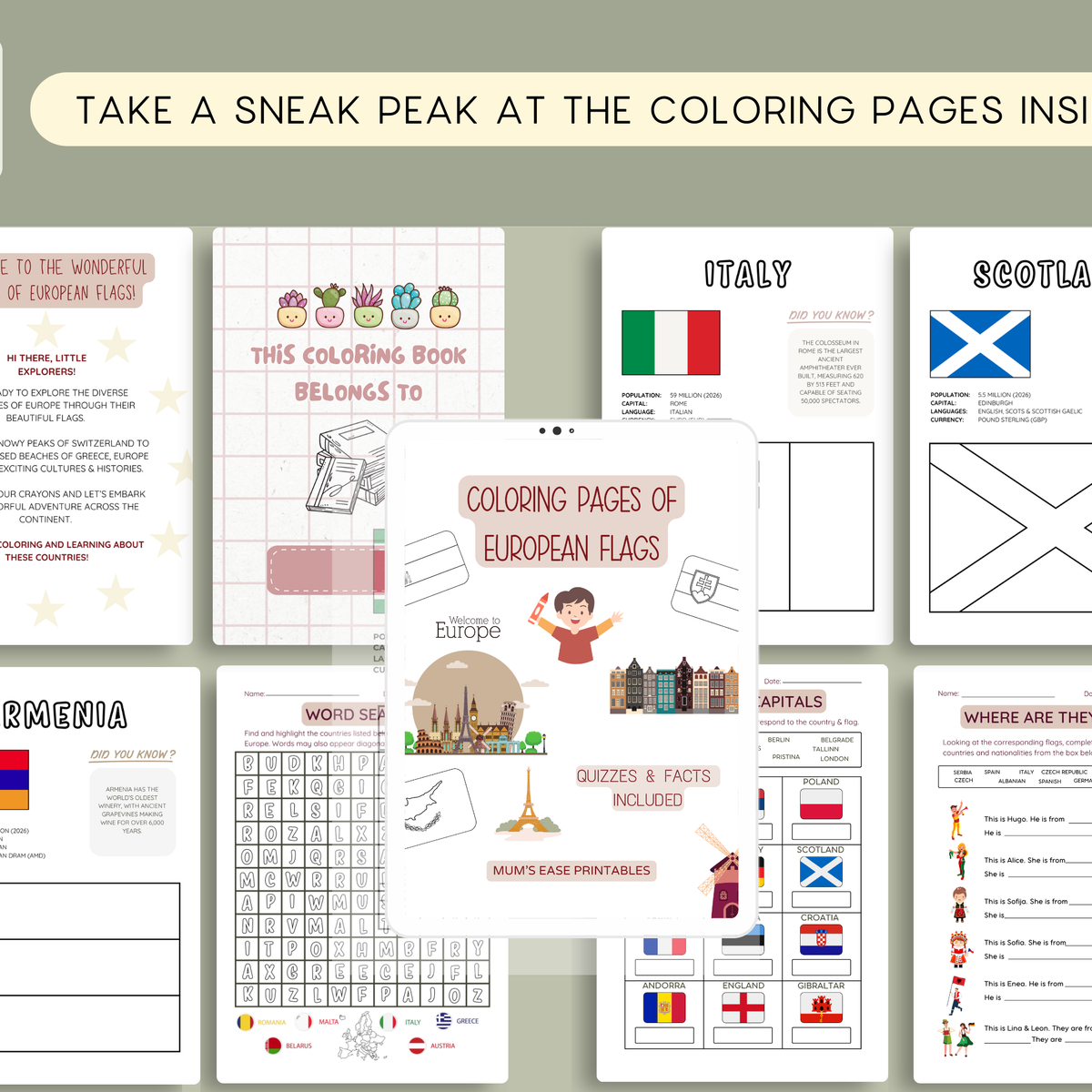 EUROPE Flags Coloring Book – Printable PDF for Kids | Letter & A4 | Digital Download