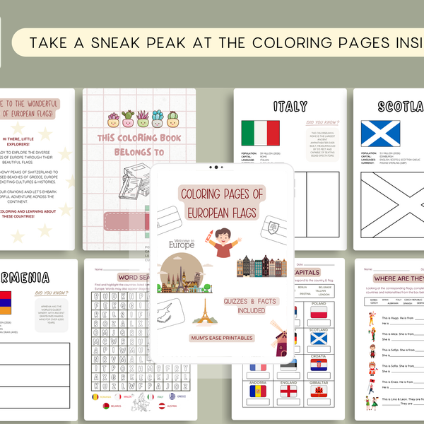 EUROPE Flags Coloring Book – Printable PDF for Kids | Letter & A4 | Digital Download