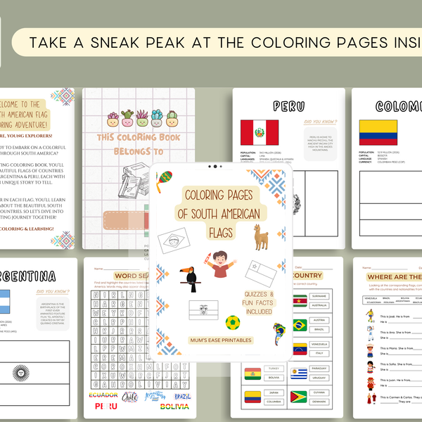 SOUTH AMERICA Flags Coloring Book – Printable PDF for Kids | Letter & A4 | Digital Download