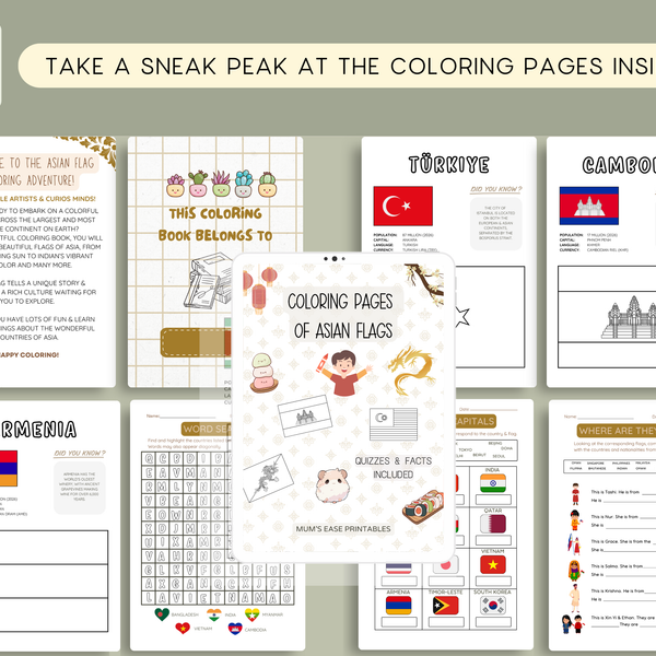 ASIA Flags Coloring Book – Printable PDF for Kids | Letter & A4 | Digital Download